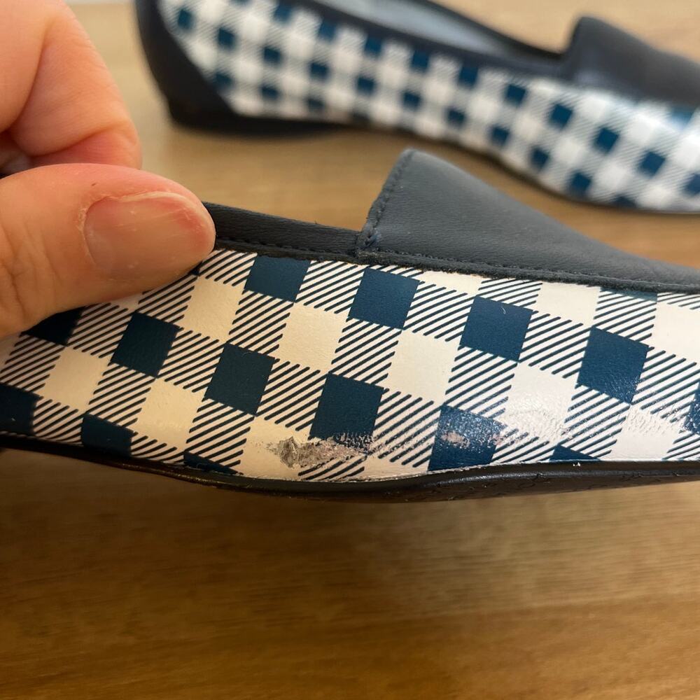 Donald Pliner Blue Gingham Plaid Square Toe Leather Loafers Sz 7.5 Slip On Prep - Picture 4 of 7